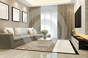 3d rendering luxury and modern living room with leather sofa and lamp