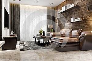 3d rendering luxury and modern living room with leather sofa and lamp and wood decor loft style