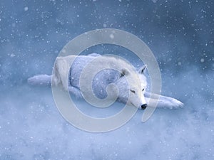 3D rendering of a majestic white wolf sleeping in snow