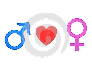 3D rendering of male and female gender symbol with heart between them
