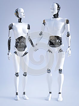 3D rendering of male and female robot holding hands