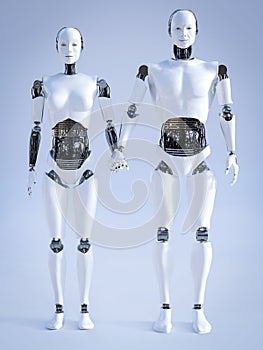 3D rendering of male and female robot holding hands