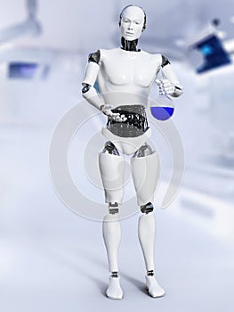 3D rendering of male robot doing a science experiment