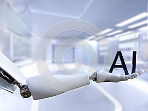 3D rendering of male robot hand holding the letters AI