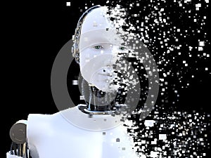 3D rendering of male robot head that shatters