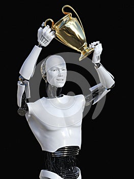 3D rendering of male robot holding trophy award.