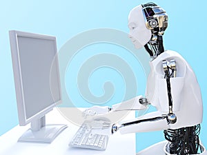 3D rendering of male robot sitting at computer.