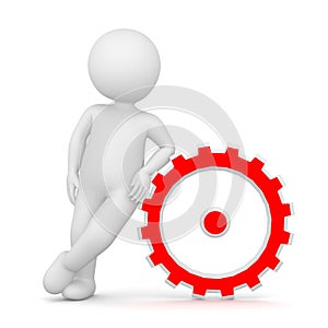 3D Rendering of a man leaning on a cogwheel