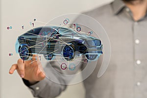 3D rendering of a man pointing at an autonomous driving electric car