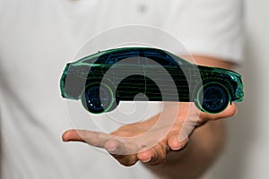 3D rendering of a man pointing at an autonomous driving electric car