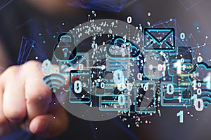 3D rendering a man-pointing at data Internet infrastructure concept