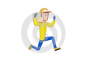 3D rendering. A man in uniform from a delivery service with a box in his hands