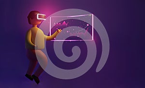 3D Rendering of Man Wearing VR Glasses Touching Hitech Technology Infographic Panel With Lighting. Metaverse, NFT, Surrealism, or