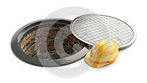 3d rendering, Manhole in-service. construction helmet isolated on white background. 3D illustration