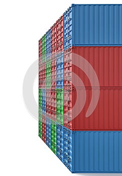 3d rendering of many closed blue, orange, green and red cargo containers stacked on one another on white background.