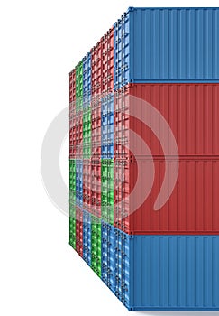 3d rendering of many closed blue, orange, green and red cargo containers stacked on one another on white background.