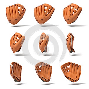 3d rendering of many orange leather baseball gloves in different angles of view on a white background.