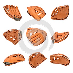 3d rendering of many orange leather baseball gloves flying in different angles of view on a white background.
