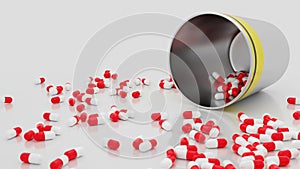 3D Rendering Many Pills red and white with mug on the table, Close up many pills for treatmentn