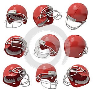 3d rendering of many red American football helmets flying in several positions on a white background.