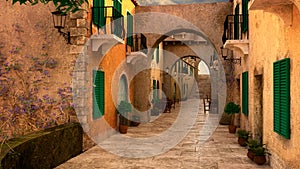 3D rendering of a Mediterranean style street with colourfully painted buildings and window shutters