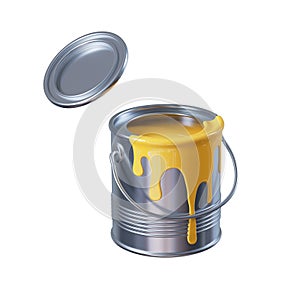3d rendering, metal bucket with yellow paint isolated on white background, construction clip art