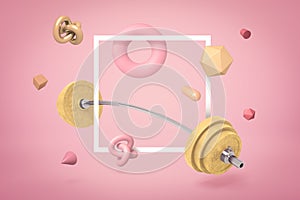 3d rendering of metal training bar-bell with random objects on pink background