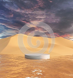 3d rendering metalic podium on ocean and orange sand dune with dark sky background