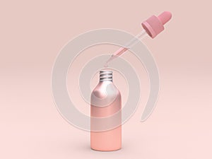 3d rendering metallic pink liquid bottle opening glass tube drop