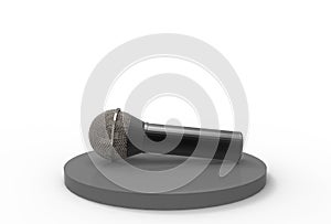 3d rendering. A microphone on black podium with copy space gray as background.