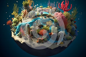3D rendering of a miniature Planet Earth with coral reefs and marine life. Conceptual illustration. Generative AI