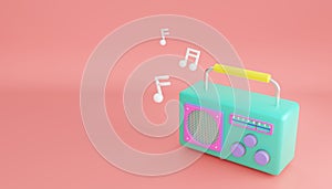 3d rendering. Minimal concept. cartoon green colored retro radio isolated on pink background
