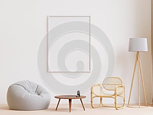 3D rendering minimal style living room with wooden floor ,white wall,big beanbag,big window,carpet,frame for mock up