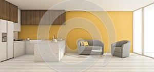 3d rendering minimal yellow living and dining room with nice decor