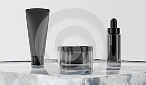 3d rendering mock up cosmetic bundle for skin care. Black plastic bottles and tubes black caps on Marble podium white backdrop