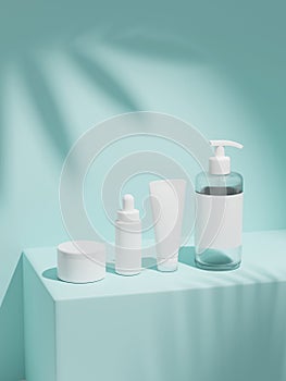 3d rendering mock up cosmetic bundle for skin care, put on the wall under the sun. White plastic bottles and tubes white caps.