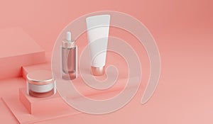 3d rendering mock up cosmetic bundle for skin care. White plastic bottles and tubes pink caps on bright pink backdrop. Branding