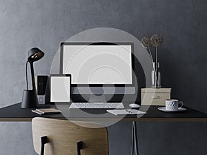 3d rendering of mock up design template of blank white screen of computer and tablet on the left for your web and apps preview in