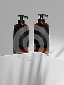 3d rendering Mock up of Duo plastic shampoo bottle under the sun. Blank plastic containers on podium sunlight. Branding identity