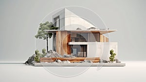3D rendering of a model of a modern house with a wooden facade and a shed roof.