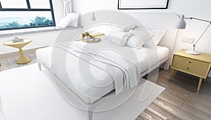 3D rendering of a modern bedroom with a big bed against a white wall