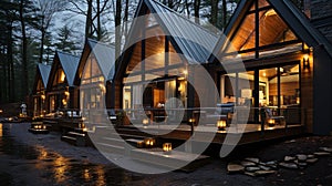 3d rendering of a modern chalet in the forest at night