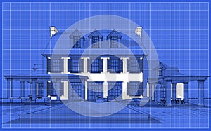 3d rendering of modern classic house in colonial style black line on blueprint background