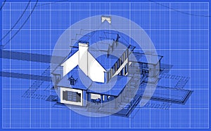 3d rendering of modern classic house in colonial style black line on blueprint background