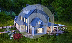 3d rendering of modern classic house in colonial style in night
