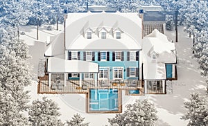 3d rendering of modern classic house in colonial style in winter day