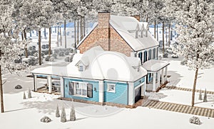 3d rendering of modern classic house in colonial style in winter day