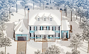 3d rendering of modern classic house in colonial style in winter day