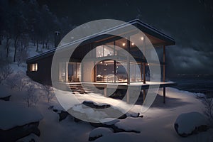 3d rendering of modern cozy chalet with pool and parking for sale or rent.