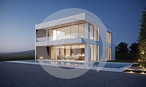 3d rendering of modern cozy house with pool and garden at night.